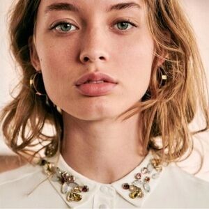 RARE Sezane Ivory Silk Button Down with Floral Beaded Embellishments